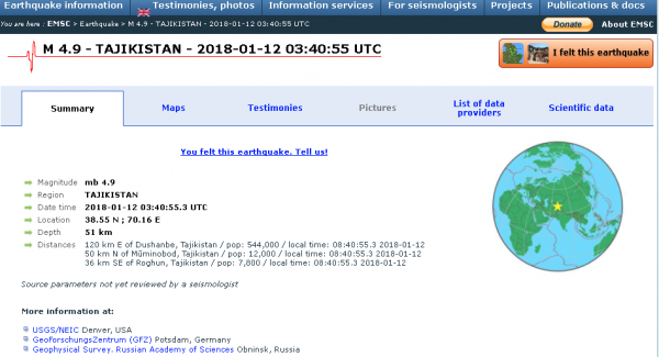 В Таджикистане произошло землетрясение с эпицентром в нескольких километрах от Рогуна
